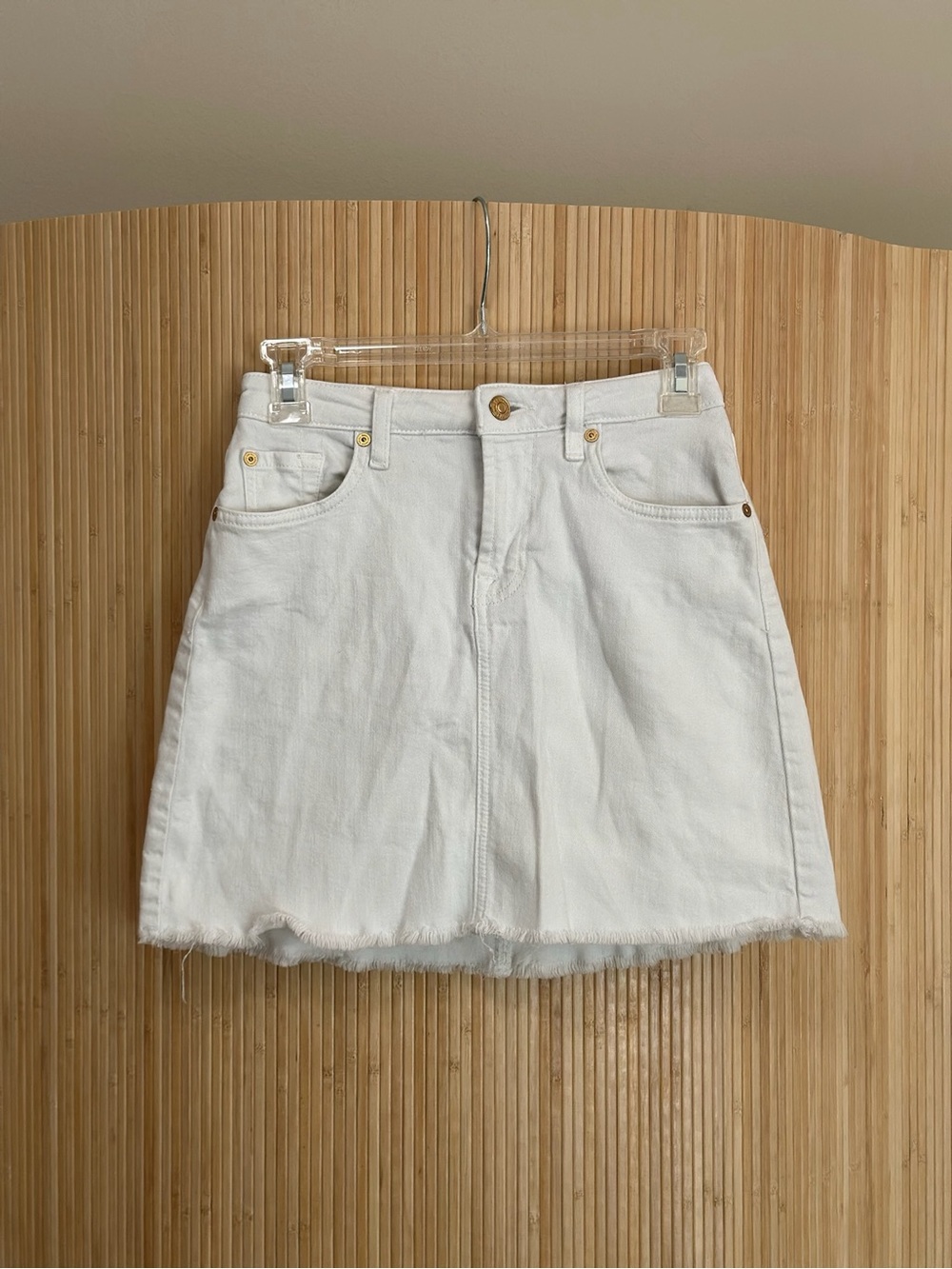 7 For All Mankind White Denim Mini Skirt with Frayed Hem
